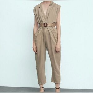 XS Beige Sleeveless Wrap Jumpsuit - No Belt